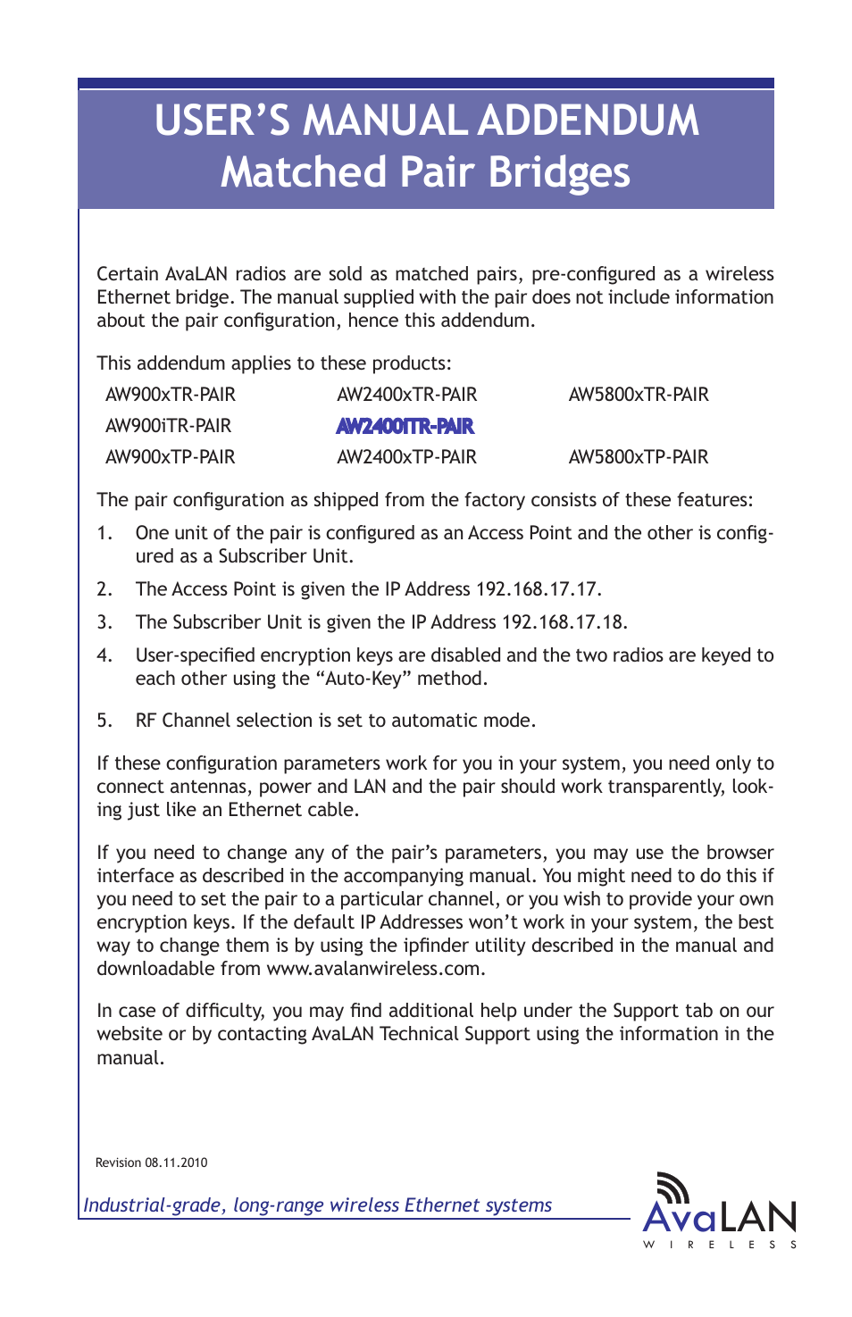 AvaLAN Wireless AW2400iTR-PAIR User Manual | 9 pages