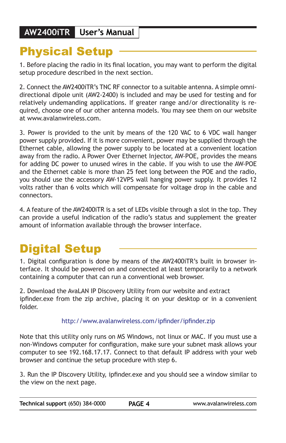 Physical setup, Digital setup, Aw2400itr | User’s manual | AvaLAN Wireless AW2400iTR-PAIR User Manual | Page 5 / 9