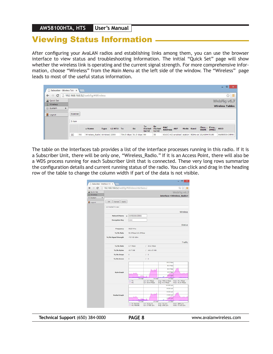Viewing status information | AvaLAN Wireless AW58100HTS User Manual | Page 8 / 13