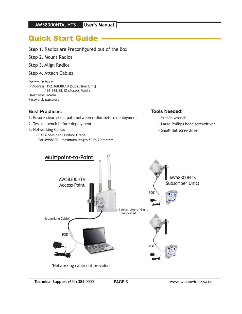 Quick start guide, Multipoint-to-point | AvaLAN Wireless AW58300HTS User Manual | Page 3 / 13