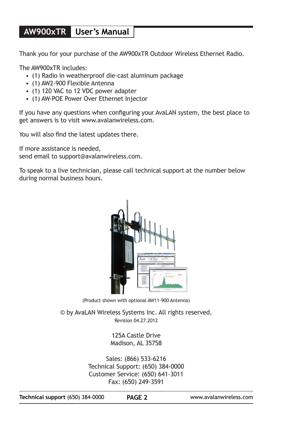 Aw900xtr, User’s manual | AvaLAN Wireless AW900xTR User Manual | Page 2 / 8