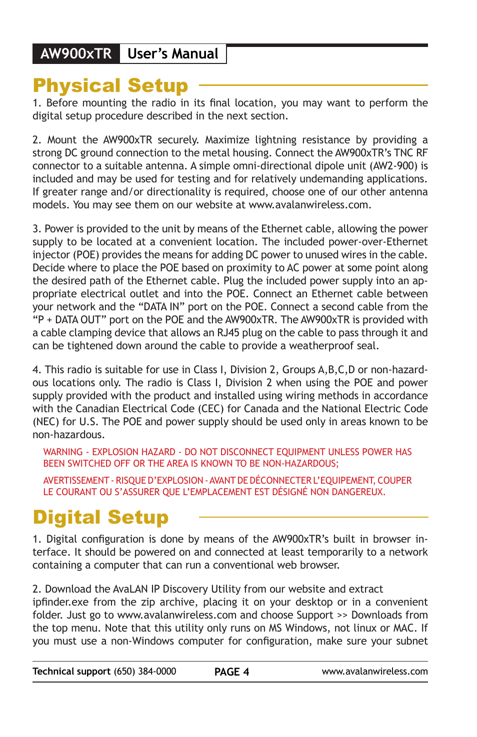 Physical setup, Digital setup, Aw900xtr | User’s manual | AvaLAN Wireless AW900xTR User Manual | Page 4 / 8