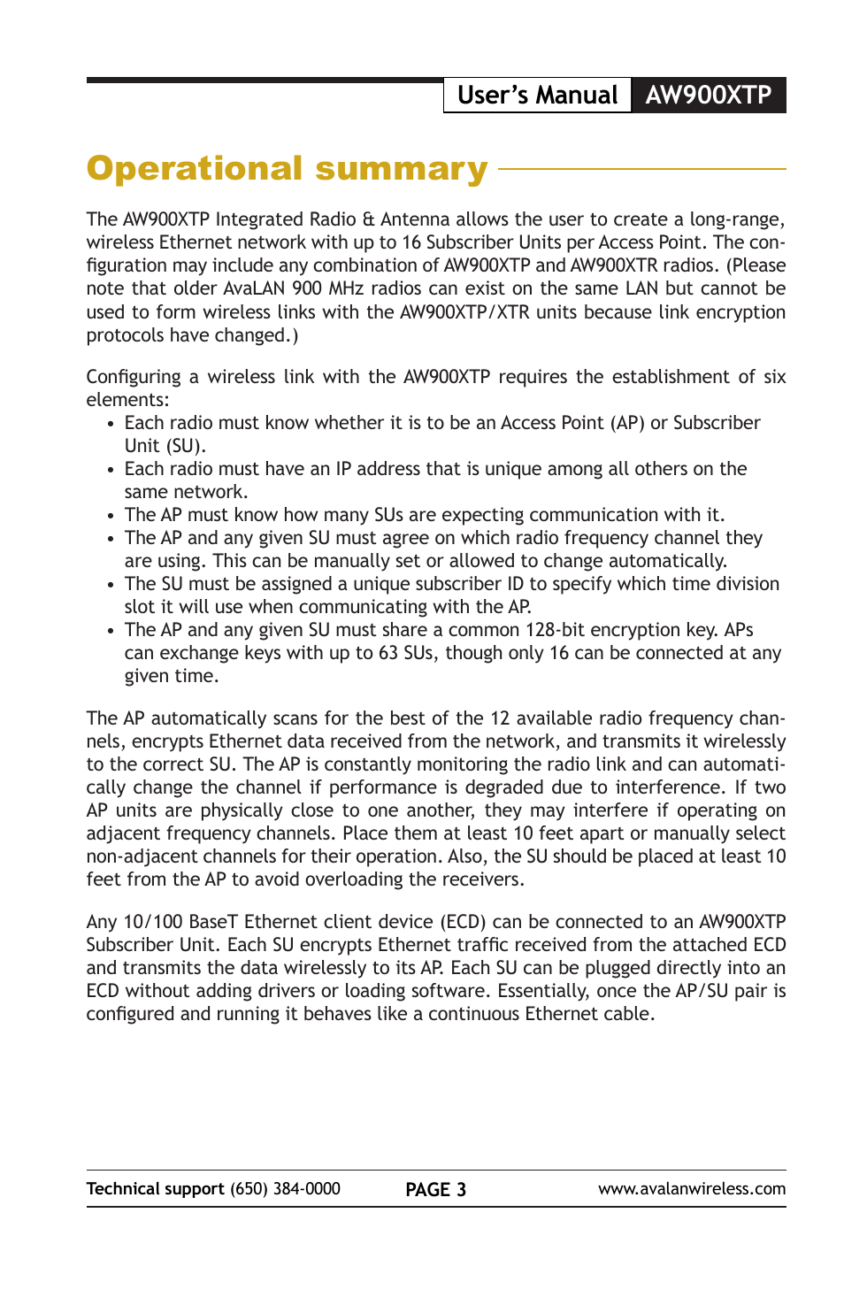 Operational summary, Aw900xtp user’s manual | AvaLAN Wireless AW900xTP User Manual | Page 3 / 8