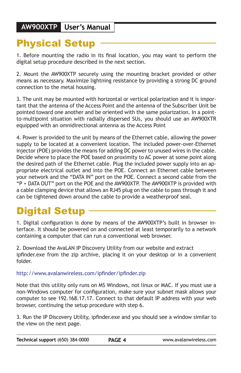 Physical setup, Digital setup, Aw900xtp user’s manual | AvaLAN Wireless AW900xTP User Manual | Page 4 / 8
