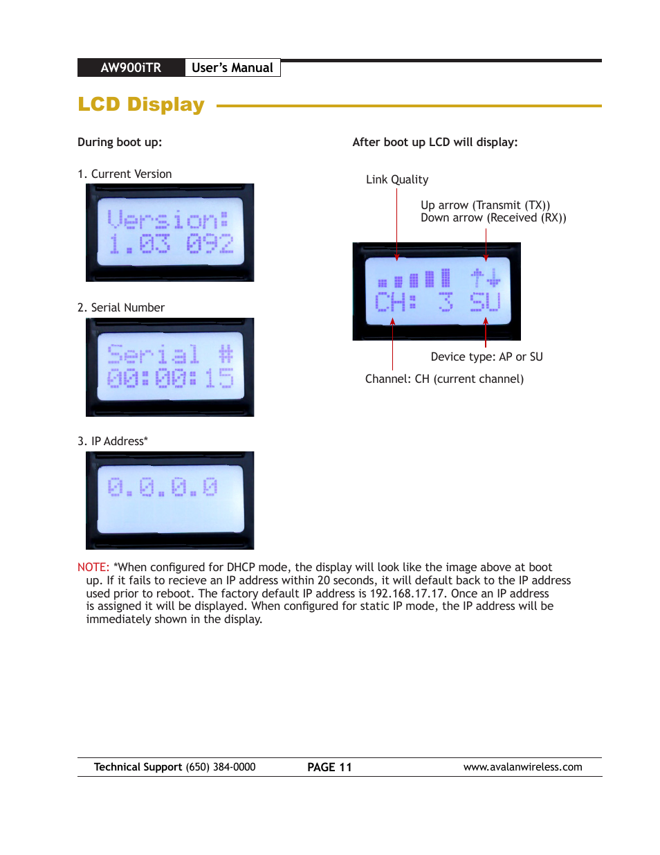 Lcd display | AvaLAN Wireless AW900iTR User Manual | Page 11 / 17