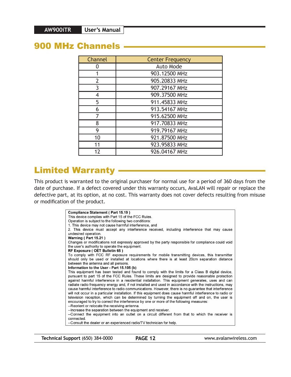 Limited warranty, 900 mhz channels | AvaLAN Wireless AW900iTR User Manual | Page 12 / 17
