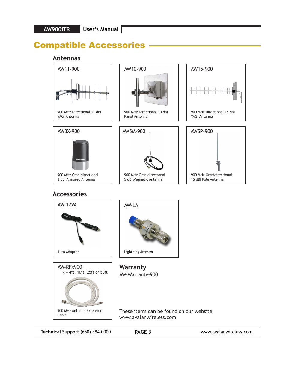 Compatible accessories, Antennas, Accessories | Warranty | AvaLAN Wireless AW900iTR User Manual | Page 3 / 17