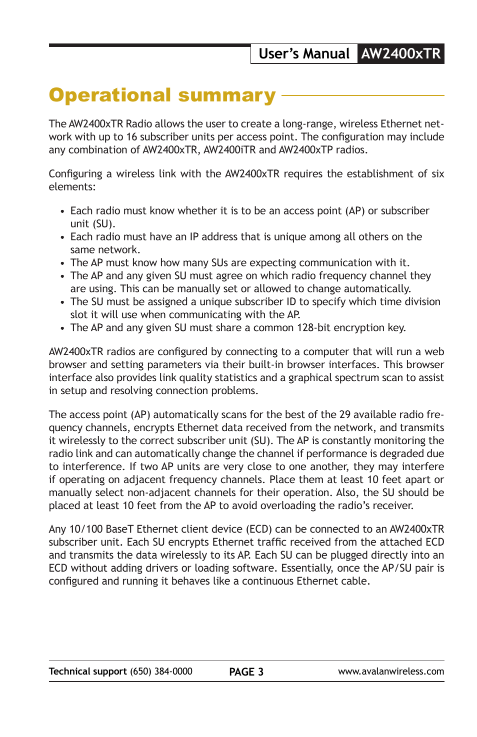 Operational summary, User’s manual aw2400xtr | AvaLAN Wireless AW2400xTR User Manual | Page 3 / 8