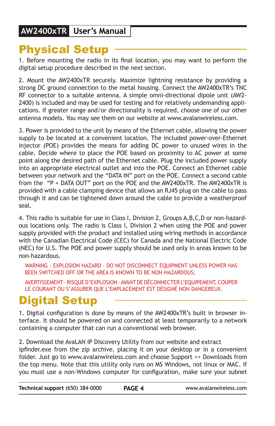 Physical setup, Digital setup, Aw2400xtr | User’s manual | AvaLAN Wireless AW2400xTR User Manual | Page 4 / 8