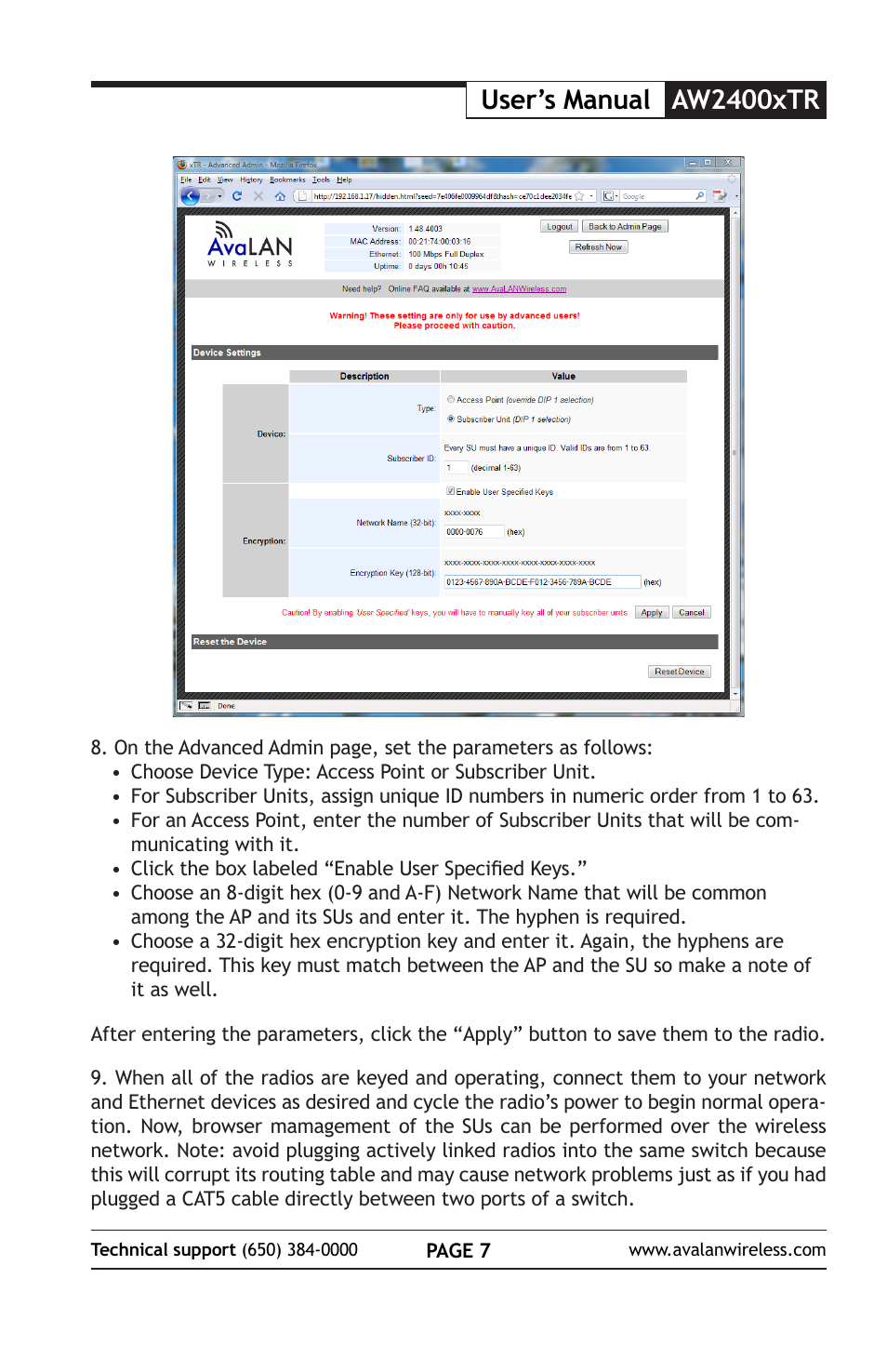 User’s manual aw2400xtr | AvaLAN Wireless AW2400xTR User Manual | Page 7 / 8