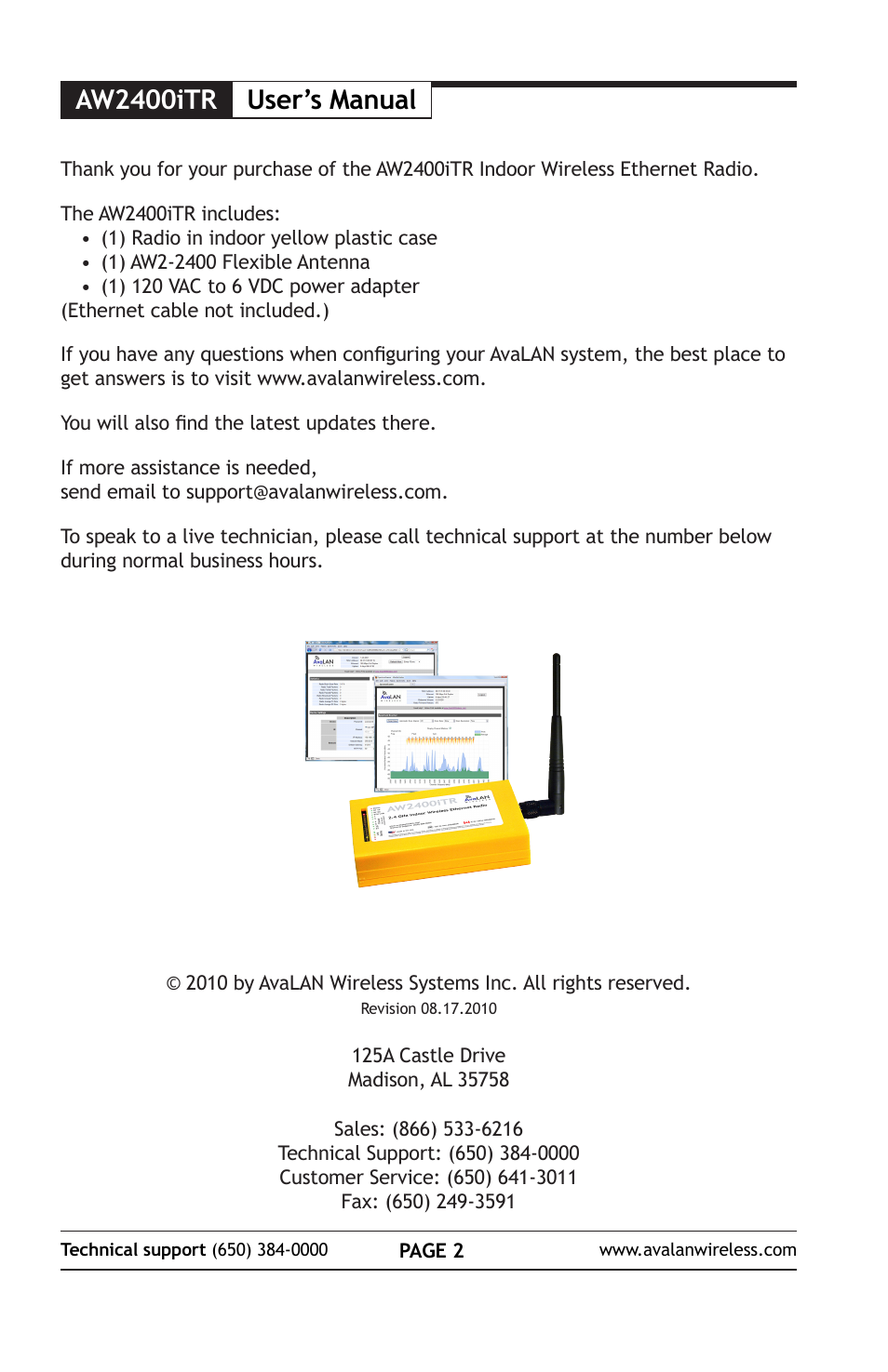 Aw2400itr, User’s manual | AvaLAN Wireless AW2400iTR User Manual | Page 2 / 8