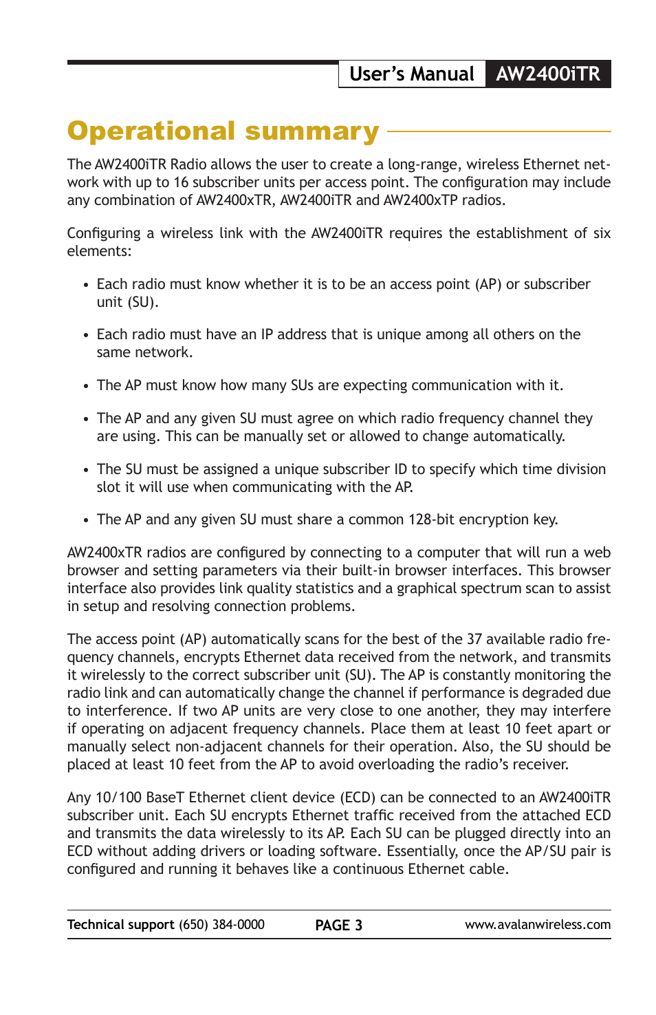 Operational summary, User’s manual aw2400itr | AvaLAN Wireless AW2400iTR User Manual | Page 3 / 8