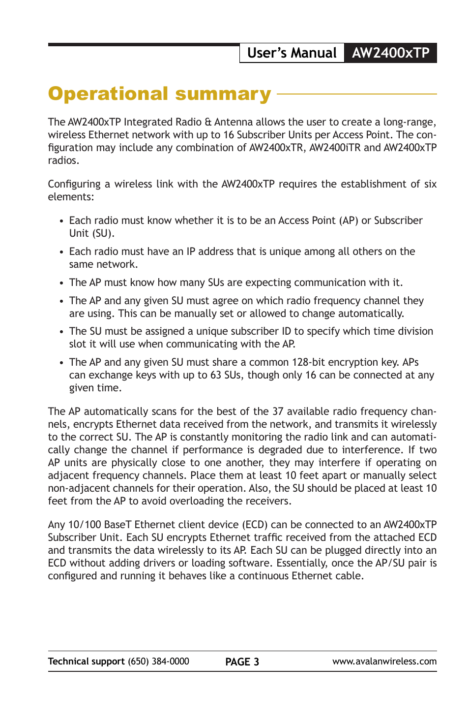 Operational summary, Aw2400xtp user’s manual | AvaLAN Wireless AW2400xTP User Manual | Page 3 / 8