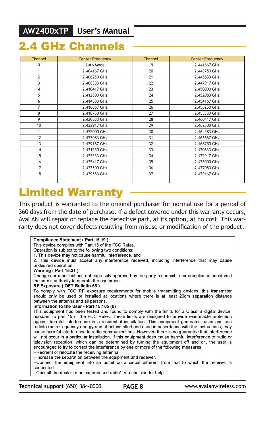 Limited warranty 2.4 ghz channels, Aw900xtp user’s manual, Aw2400xtp | Page 8 | AvaLAN Wireless AW2400xTP User Manual | Page 8 / 8