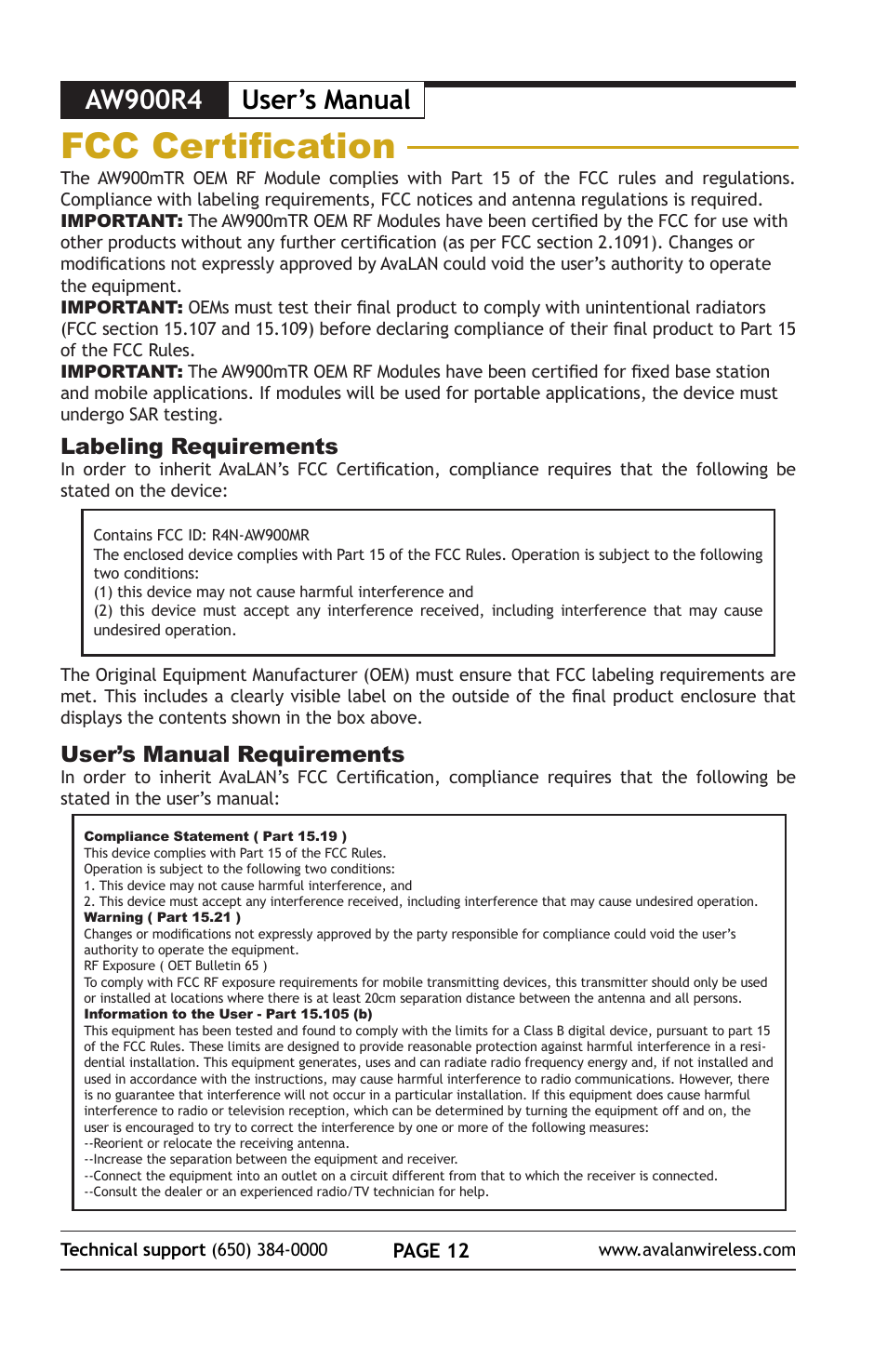 Fcc certification, Aw900r4 user’s manual, Labeling requirements | User’s manual requirements, Page 12 | AvaLAN Wireless AW900R4 User Manual | Page 12 / 12