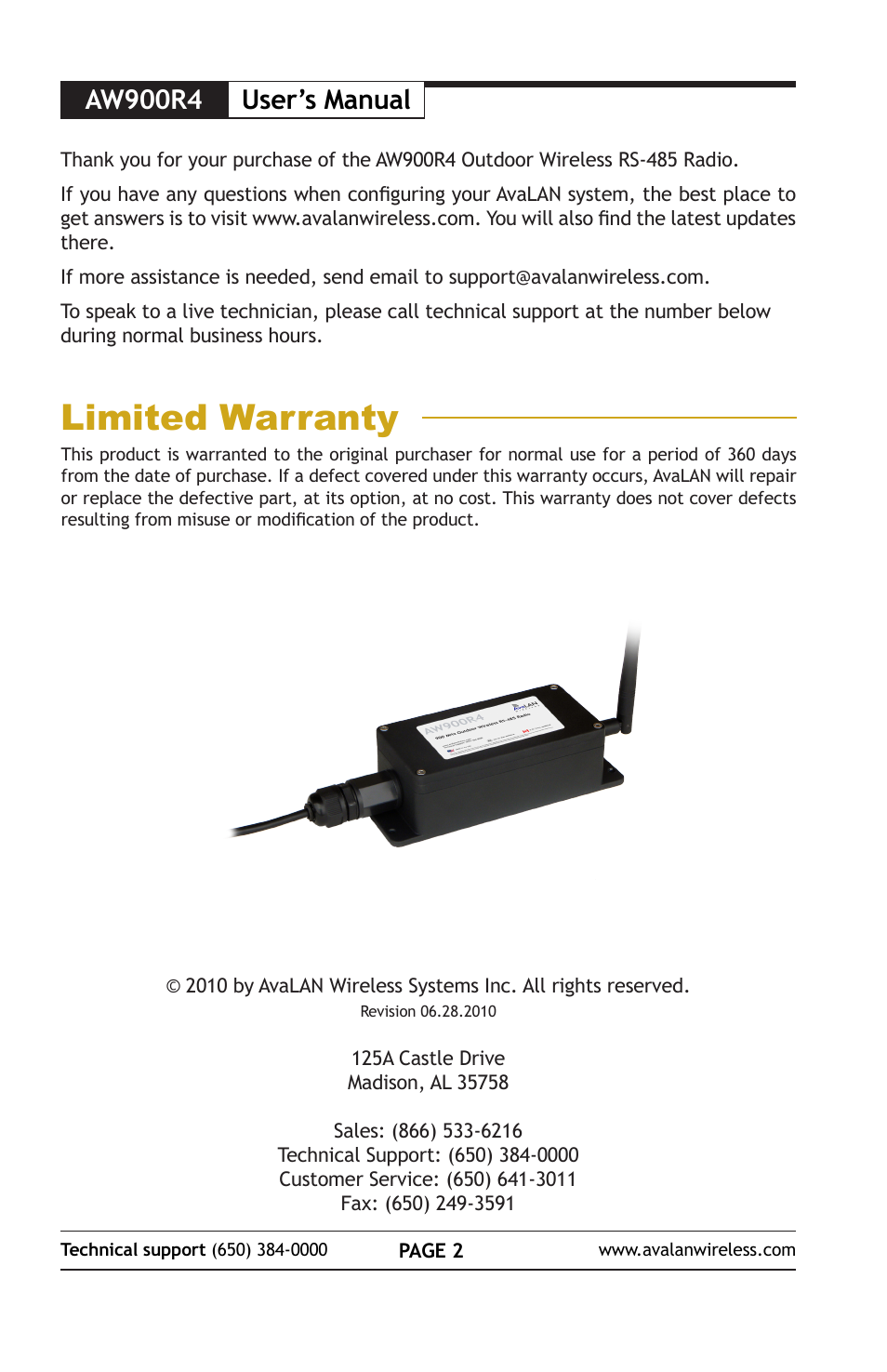 Limited warranty, Aw900r4 user’s manual | AvaLAN Wireless AW900R4 User Manual | Page 2 / 12