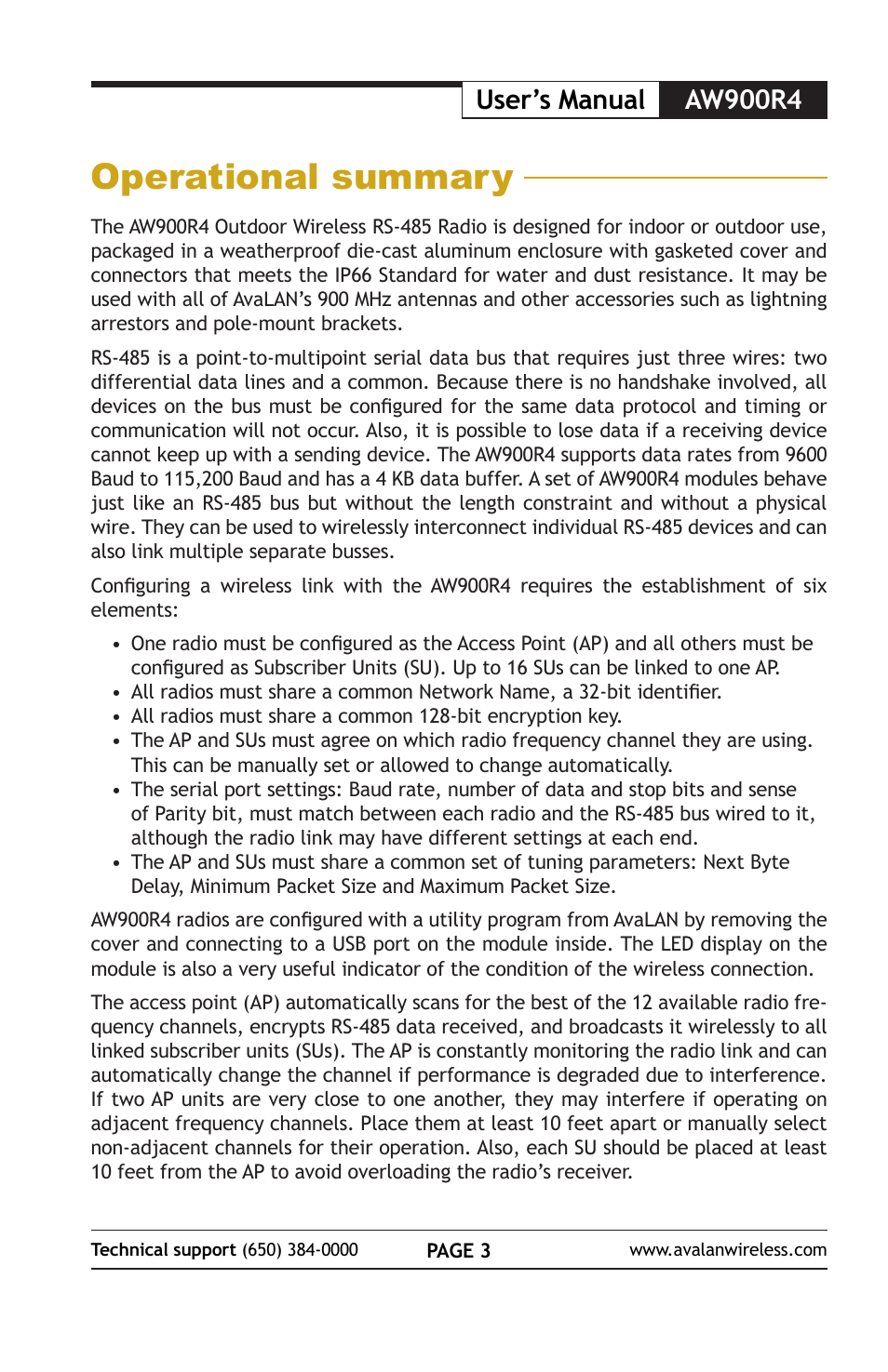 Operational summary, User’s manual aw900r4 | AvaLAN Wireless AW900R4 User Manual | Page 3 / 12