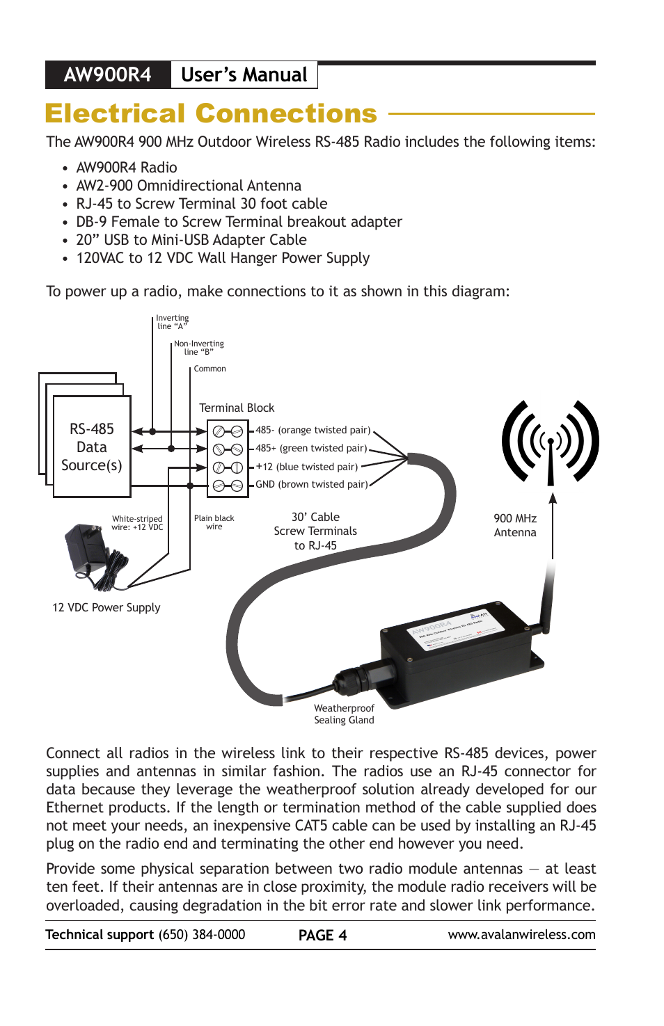 Electrical connections, Aw900r4 user’s manual | AvaLAN Wireless AW900R4 User Manual | Page 4 / 12