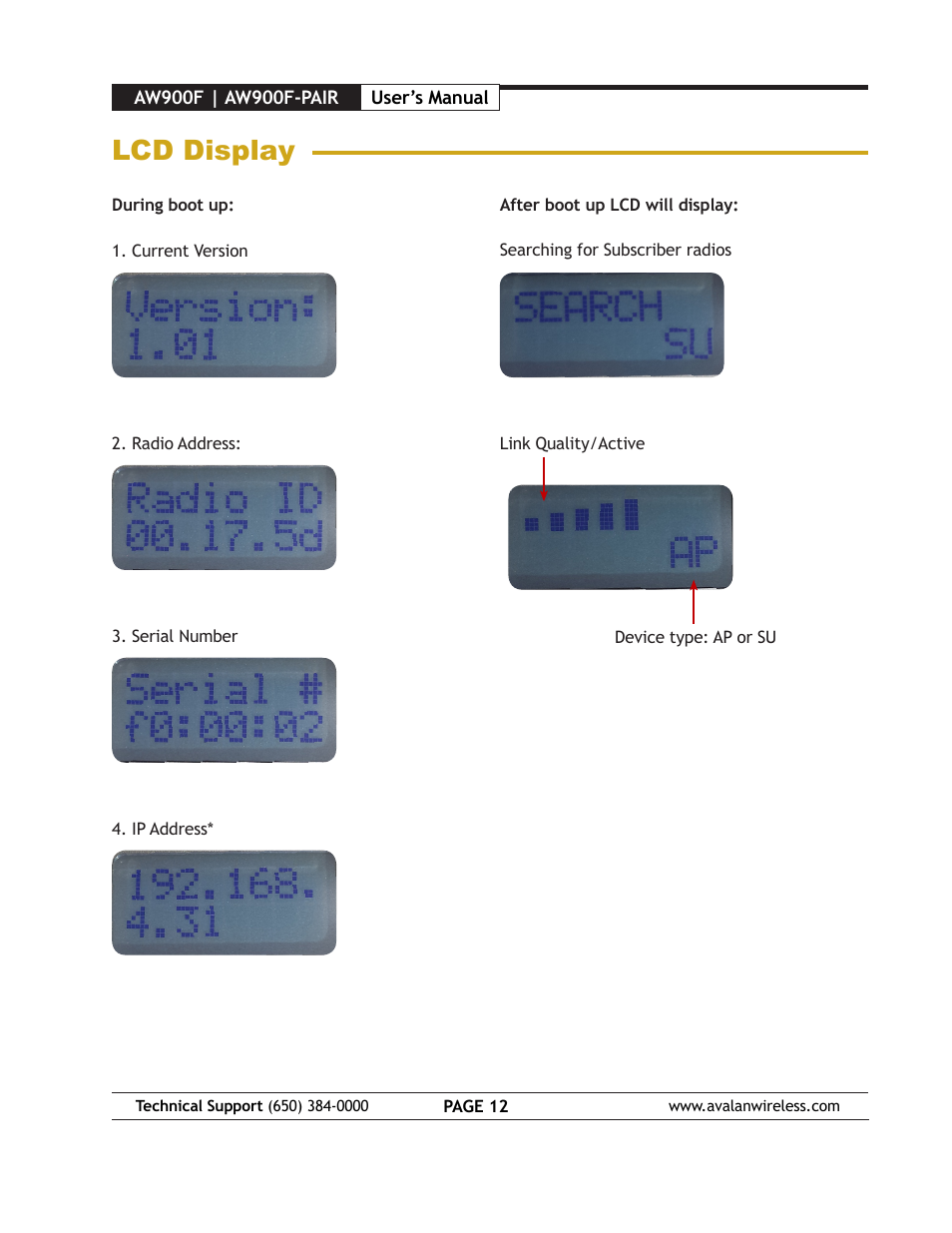 Lcd display | AvaLAN Wireless AW900F User Manual | Page 12 / 18