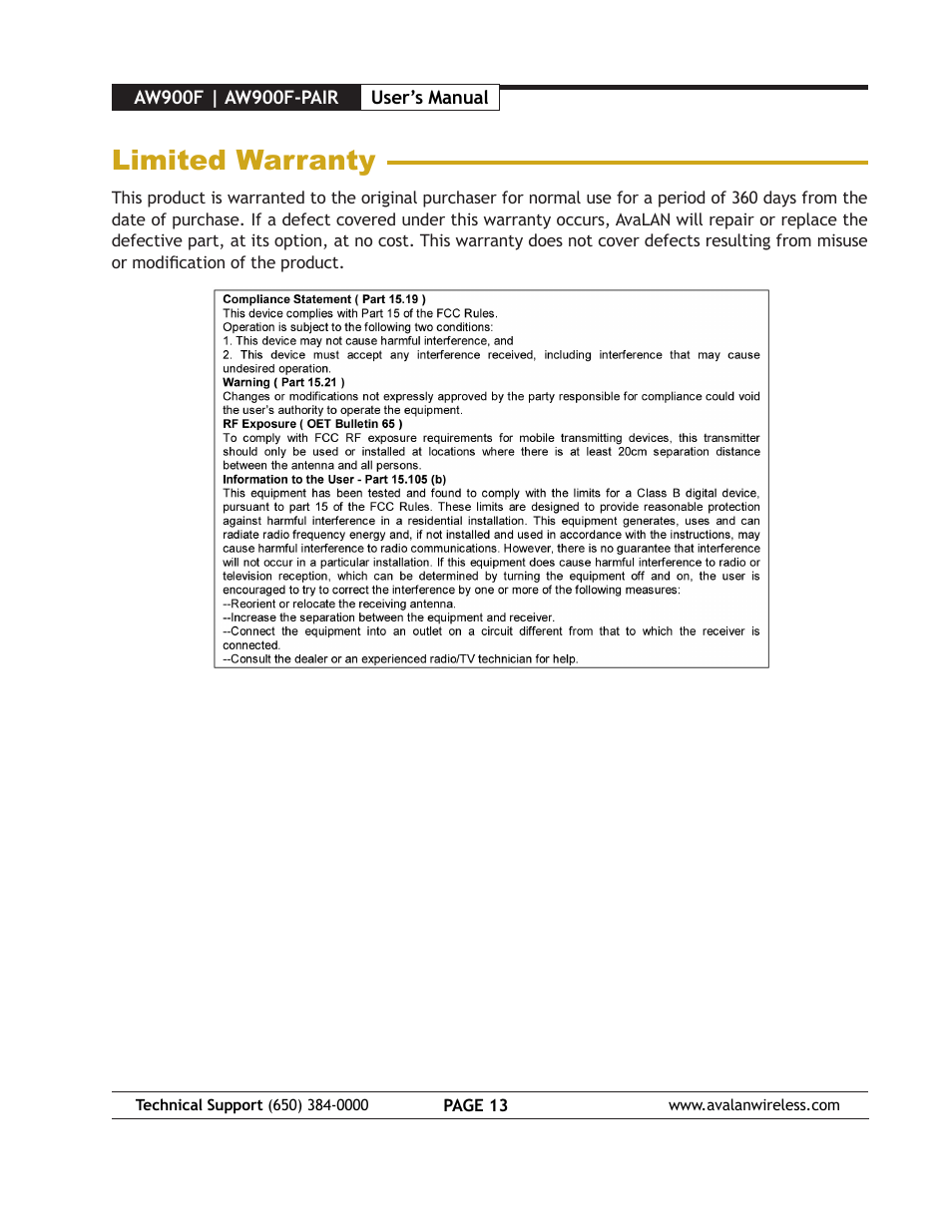 Limited warranty | AvaLAN Wireless AW900F User Manual | Page 13 / 18