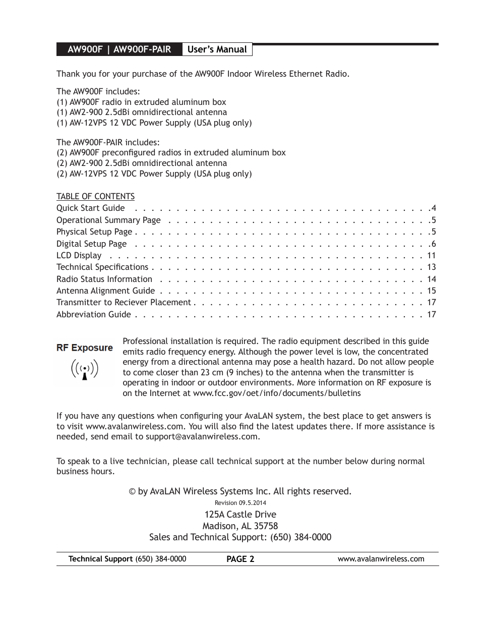 AvaLAN Wireless AW900F User Manual | Page 2 / 18