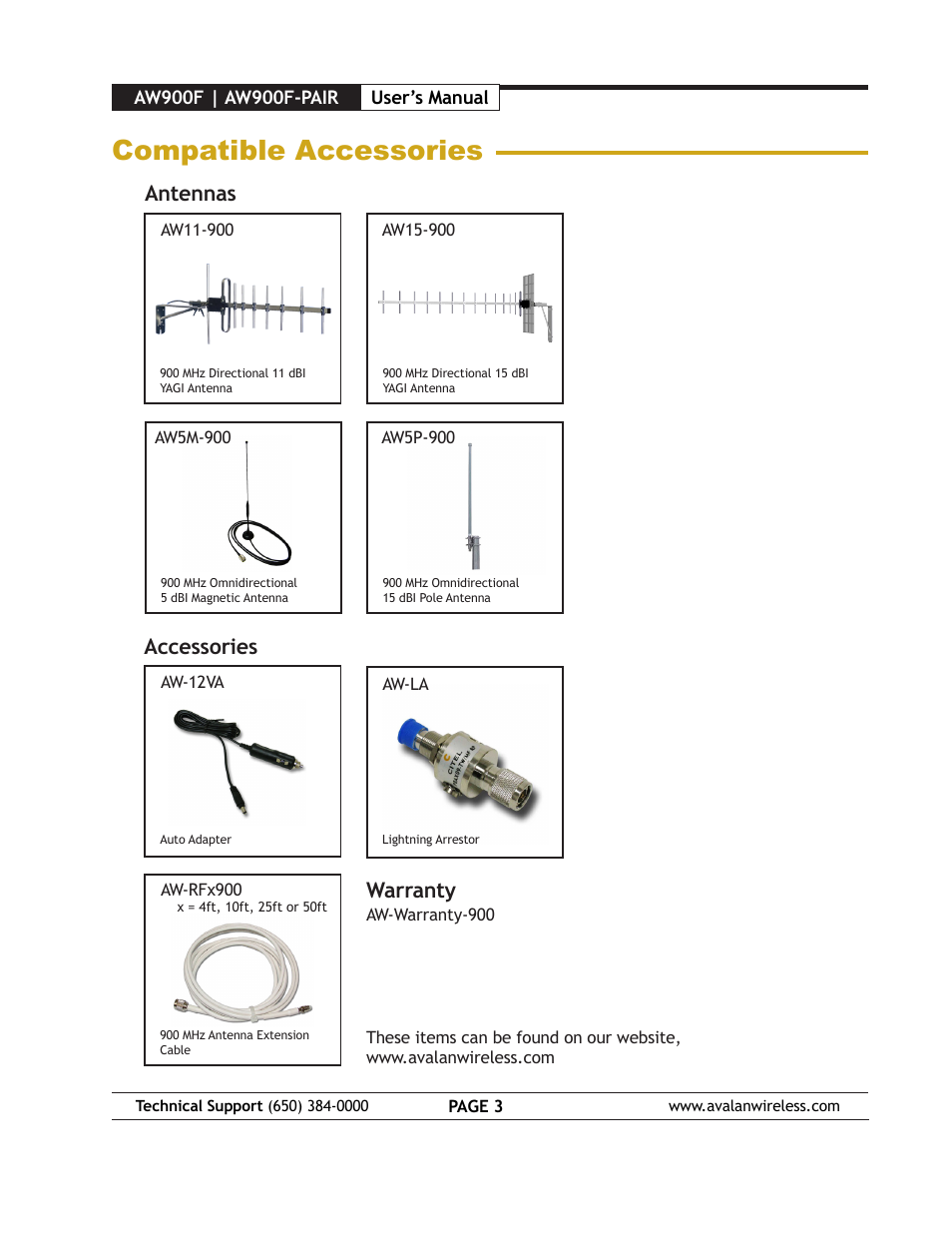 Compatible accessories, Antennas, Accessories | Warranty | AvaLAN Wireless AW900F User Manual | Page 3 / 18