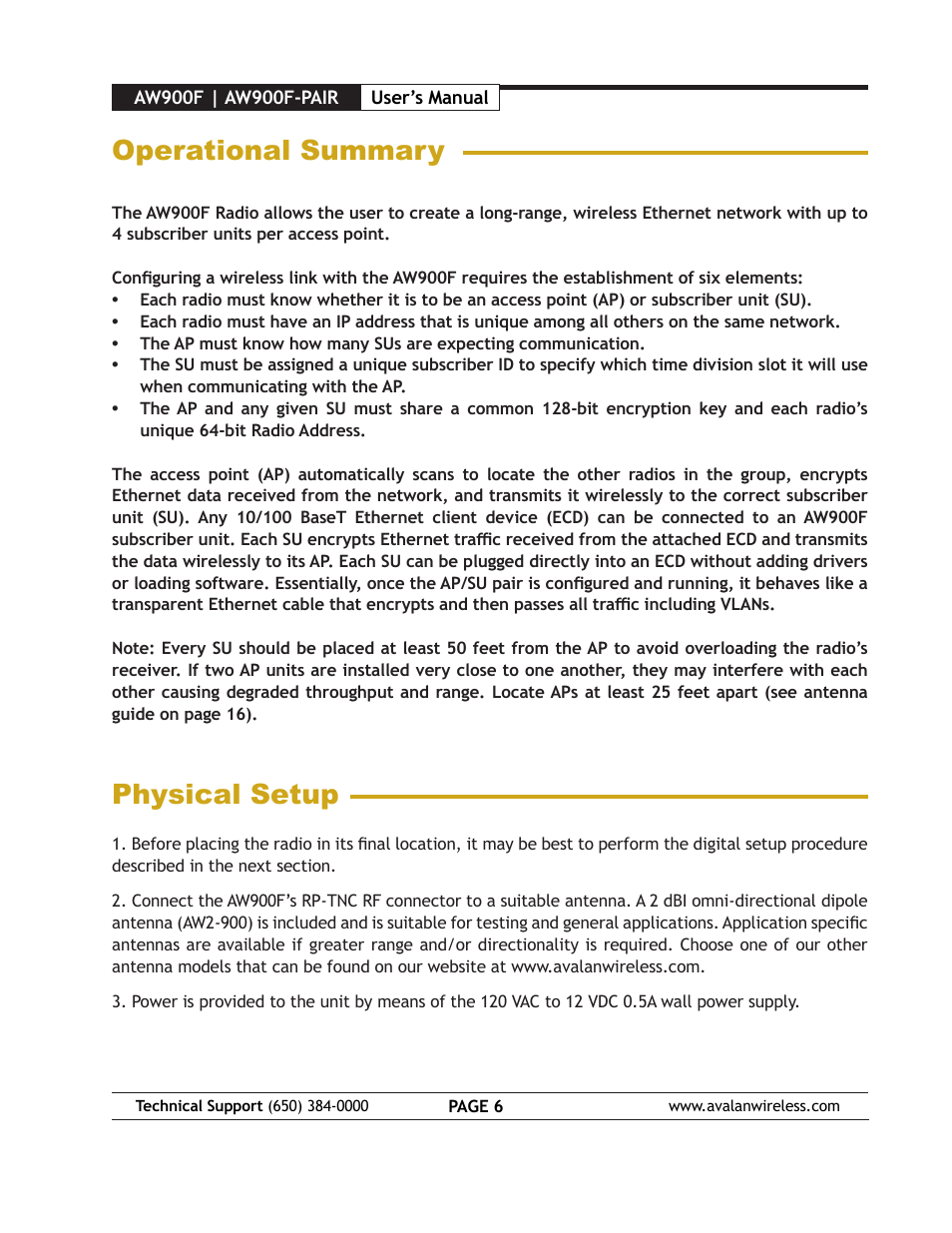 Operational summary, Physical setup | AvaLAN Wireless AW900F User Manual | Page 6 / 18