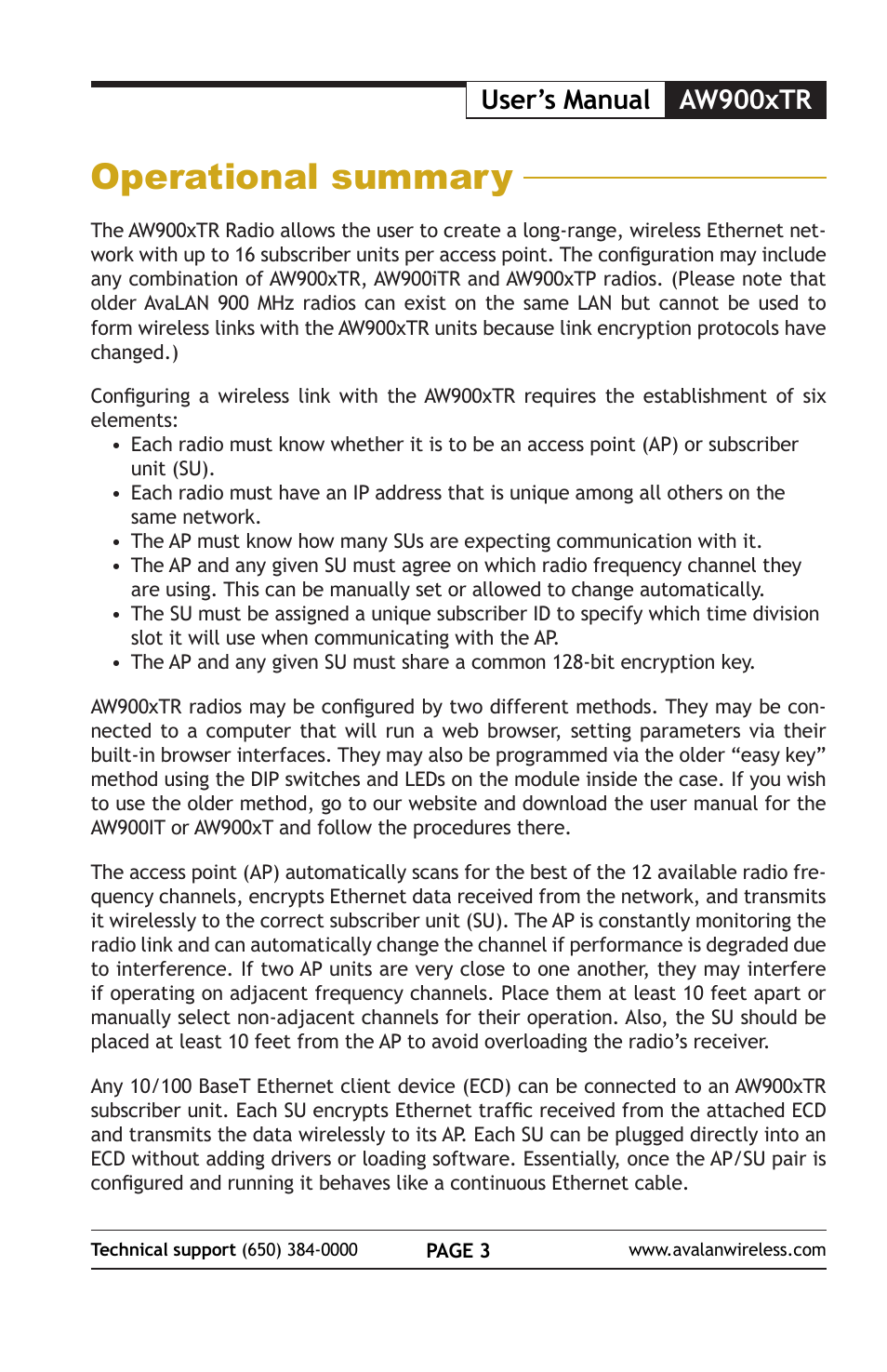 Operational summary, User’s manual aw900xtr | AvaLAN Wireless AW900S User Manual | Page 7 / 12