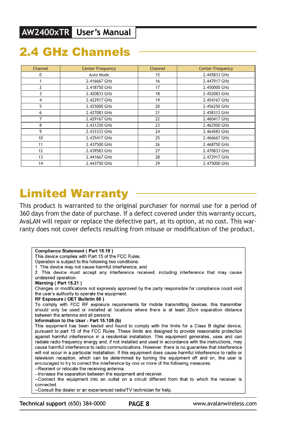 Limited warranty 2.4 ghz channels, Aw2400xtr, User’s manual | Page 8 | AvaLAN Wireless AW2400S User Manual | Page 12 / 12