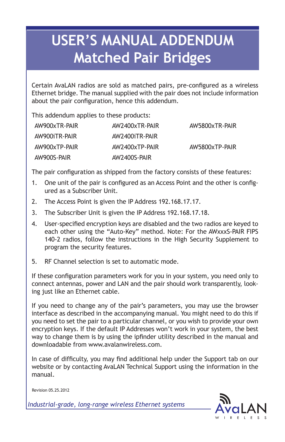Ava lan, User’s manual addendum matched pair bridges | AvaLAN Wireless AW2400S-PAIR User Manual | Page 5 / 13