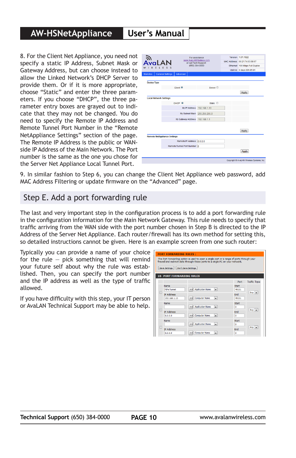 Aw-hsnetappliance user’s manual, Step e. add a port forwarding rule | AvaLAN Wireless AW-HSNetAppliance User Manual | Page 10 / 12