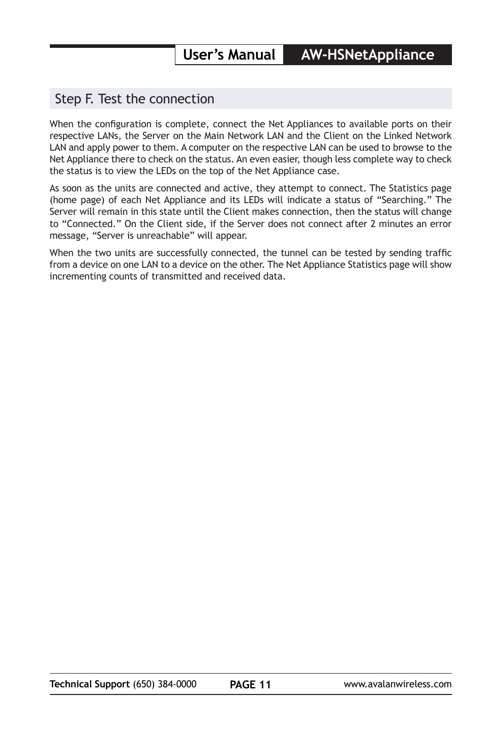 User’s manual aw-hsnetappliance, Step f. test the connection | AvaLAN Wireless AW-HSNetAppliance User Manual | Page 11 / 12