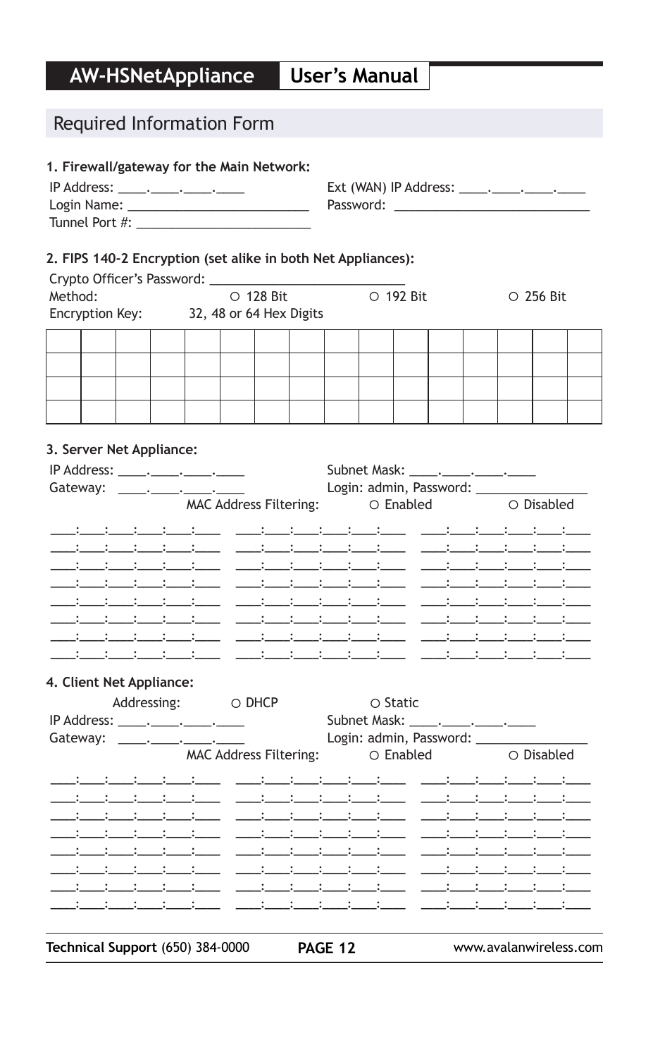 Aw-hsnetappliance user’s manual, Required information form, Page 12 | AvaLAN Wireless AW-HSNetAppliance User Manual | Page 12 / 12