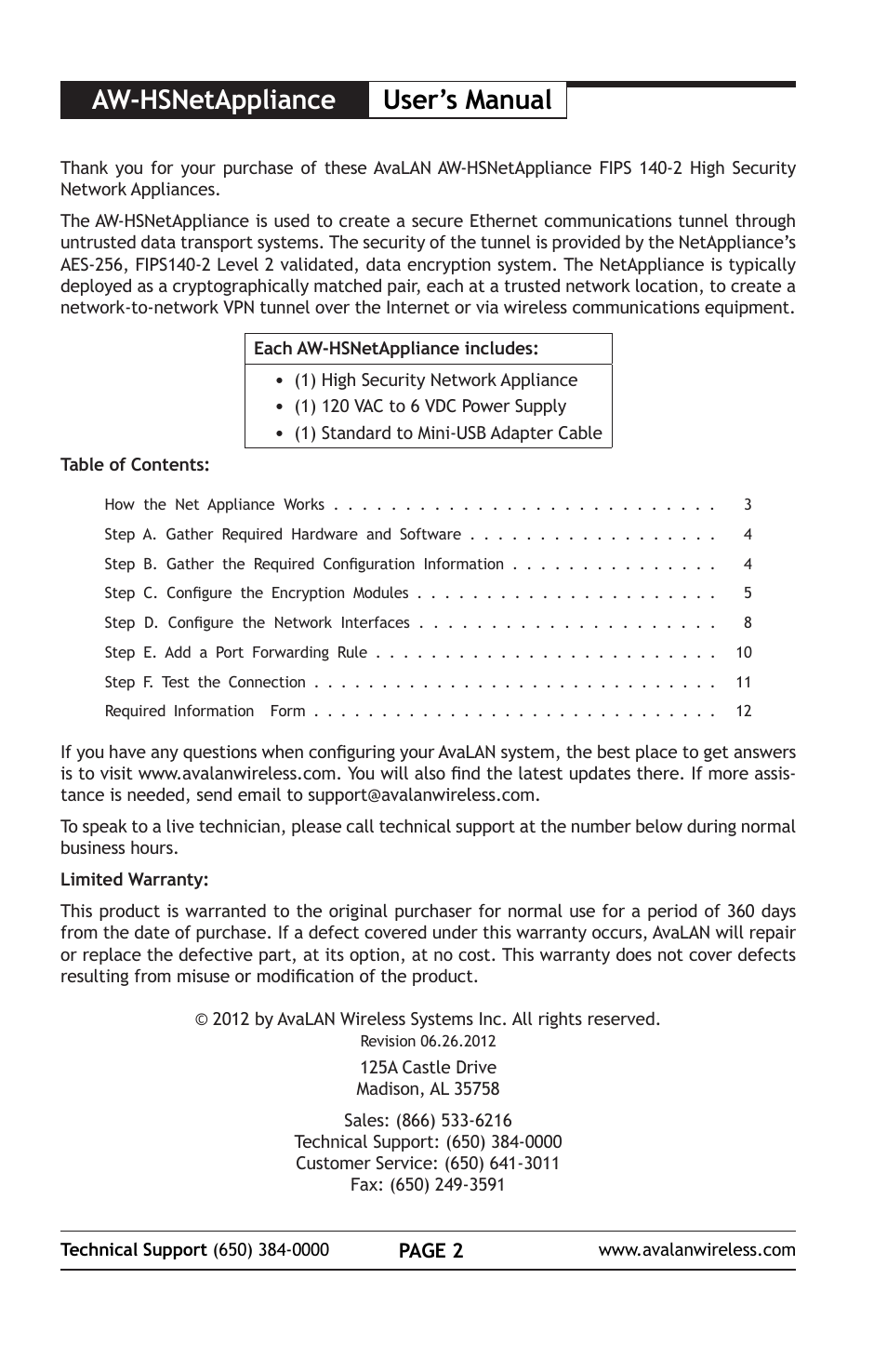 Aw-hsnetappliance user’s manual | AvaLAN Wireless AW-HSNetAppliance User Manual | Page 2 / 12