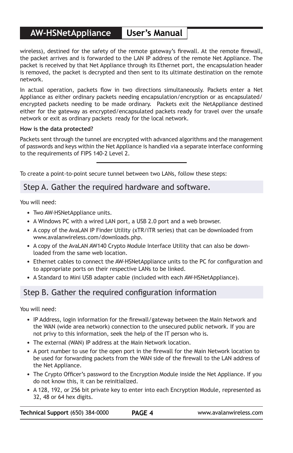 Aw-hsnetappliance user’s manual, Step a. gather the required hardware and software | AvaLAN Wireless AW-HSNetAppliance User Manual | Page 4 / 12