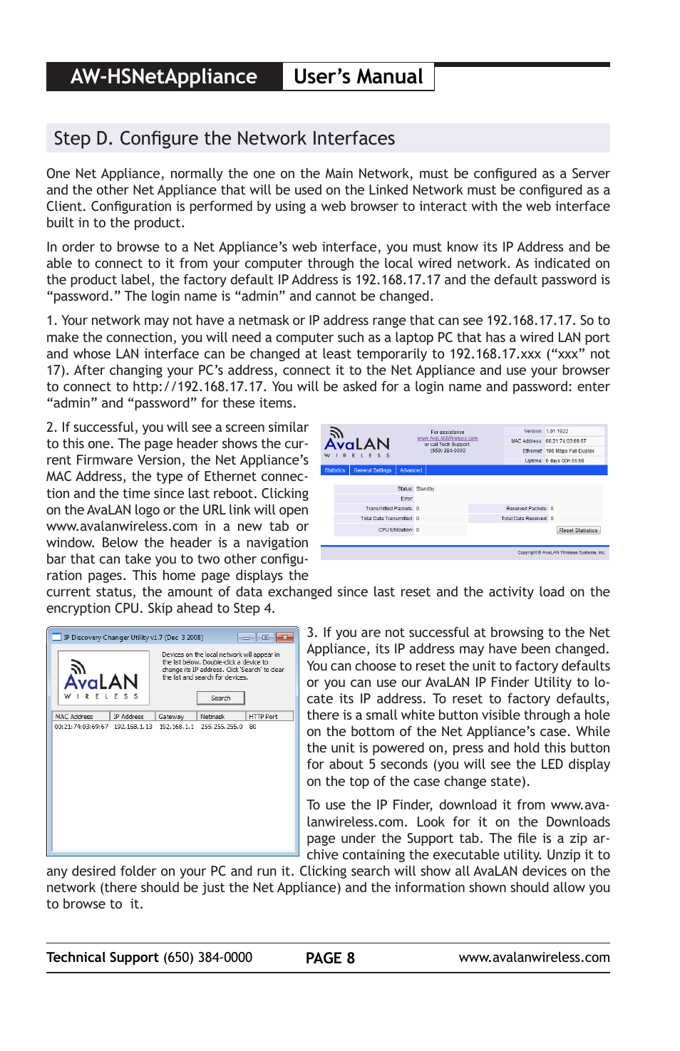 Aw-hsnetappliance user’s manual, Step d. configure the network interfaces | AvaLAN Wireless AW-HSNetAppliance User Manual | Page 8 / 12