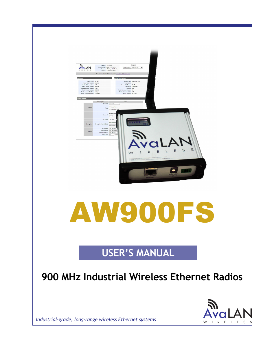 Aw900fs, Ava lan, User’s manual | 900 mhz industrial wireless ethernet radios | AvaLAN Wireless AW900FS User Manual | Page 4 / 21