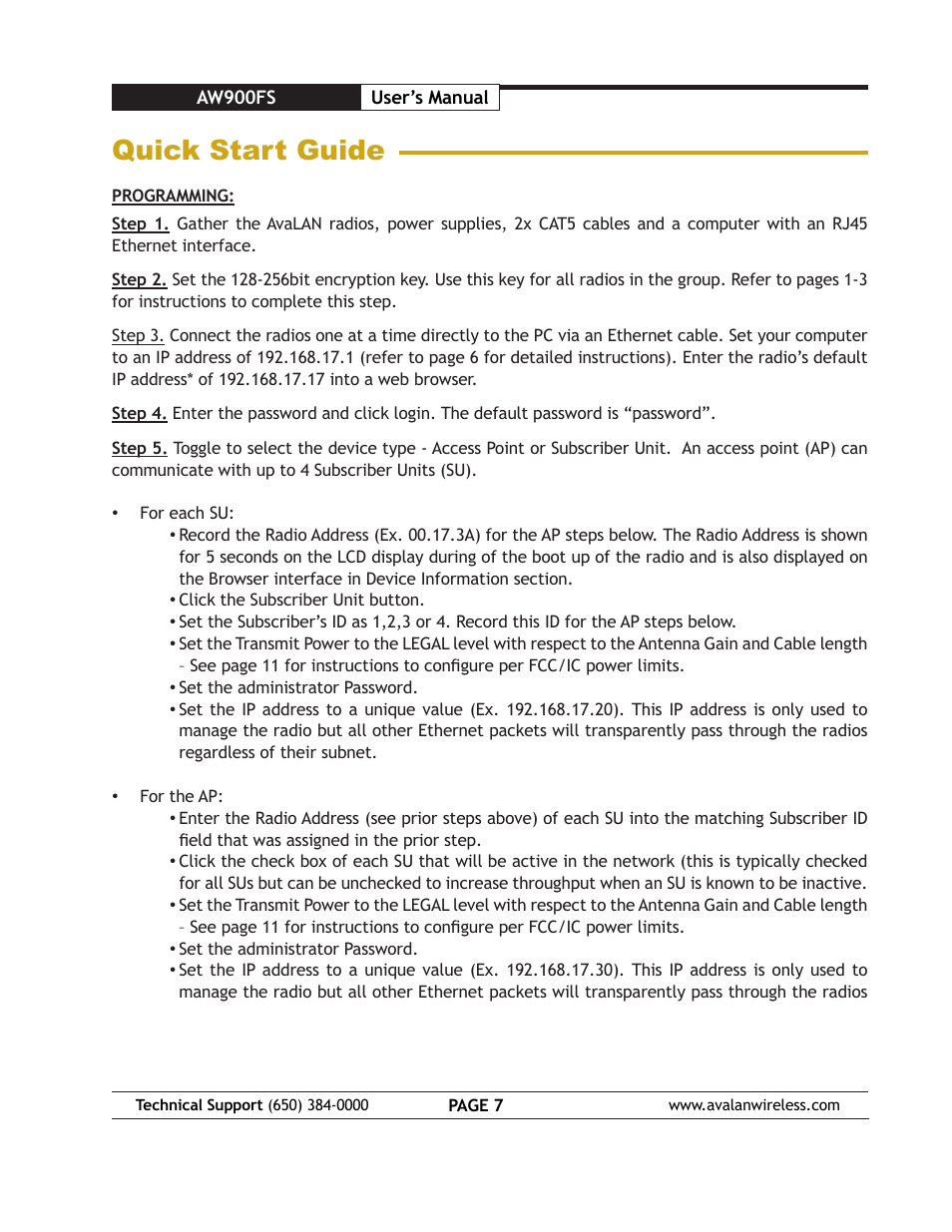 Quick start guide | AvaLAN Wireless AW900FS User Manual | Page 7 / 21