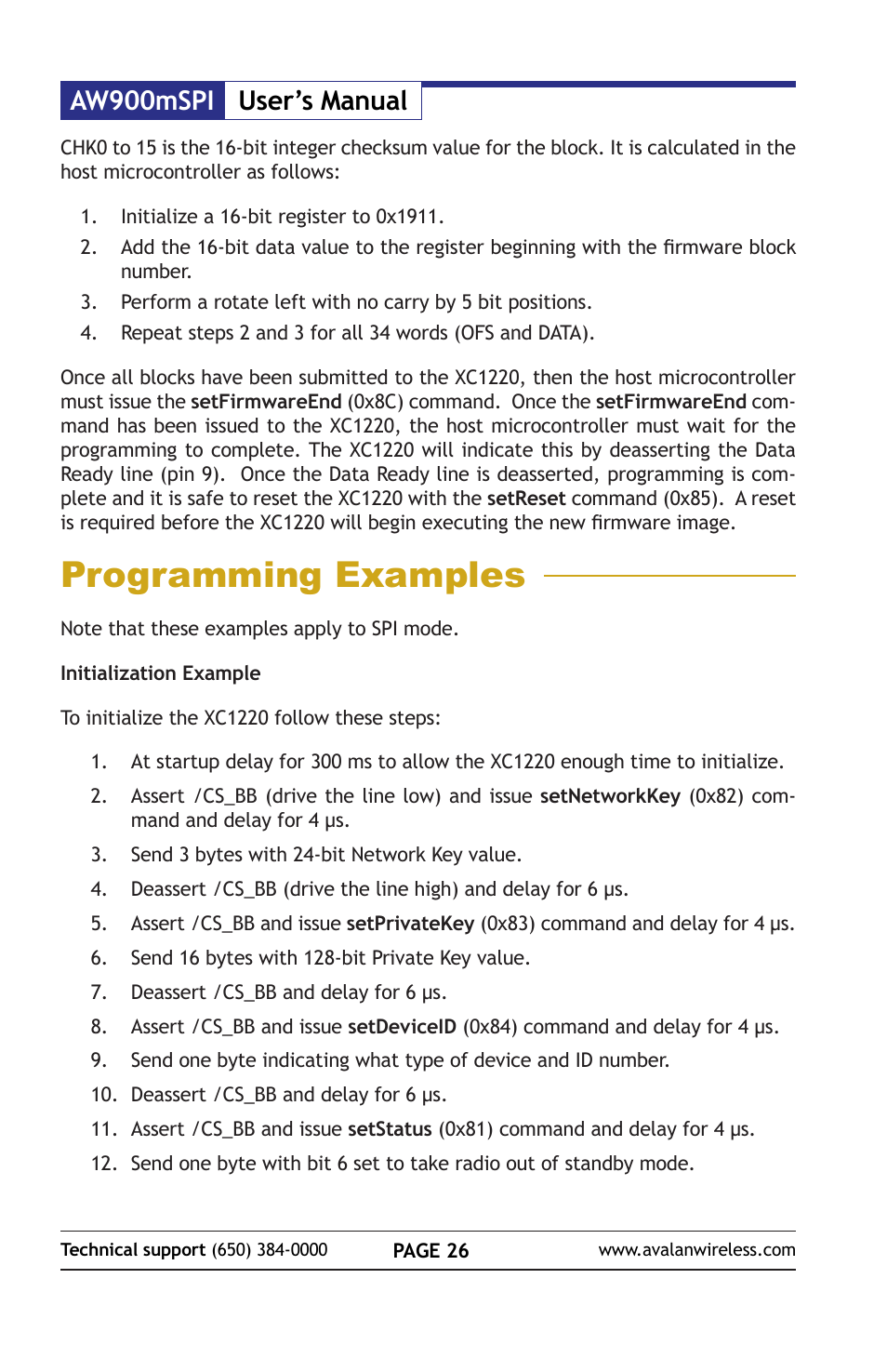 Programming examples, Aw900mspi user’s manual | AvaLAN Wireless AW900mSPI-10 User Manual | Page 26 / 40