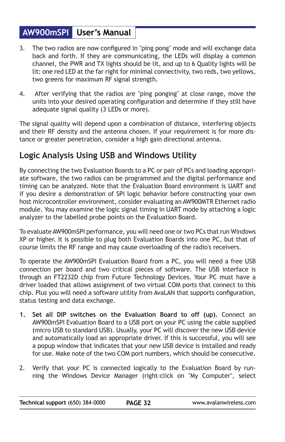 Aw900mspi user’s manual, Logic analysis using usb and windows utility | AvaLAN Wireless AW900mSPI-10 User Manual | Page 32 / 40