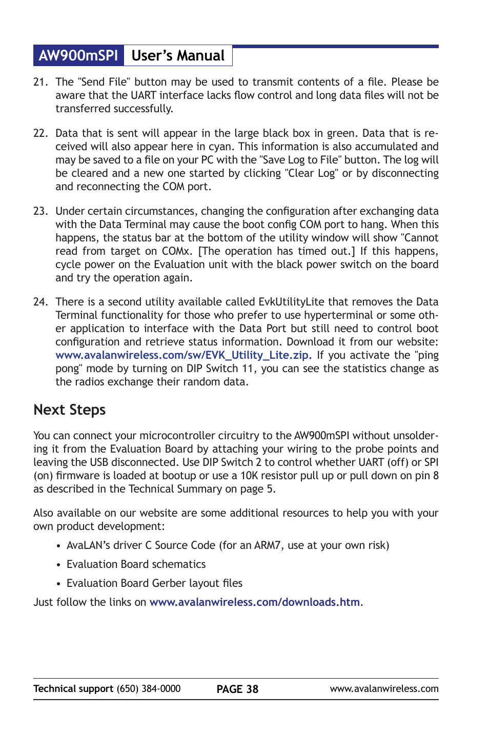 Aw900mspi user’s manual, Next steps | AvaLAN Wireless AW900mSPI-10 User Manual | Page 38 / 40