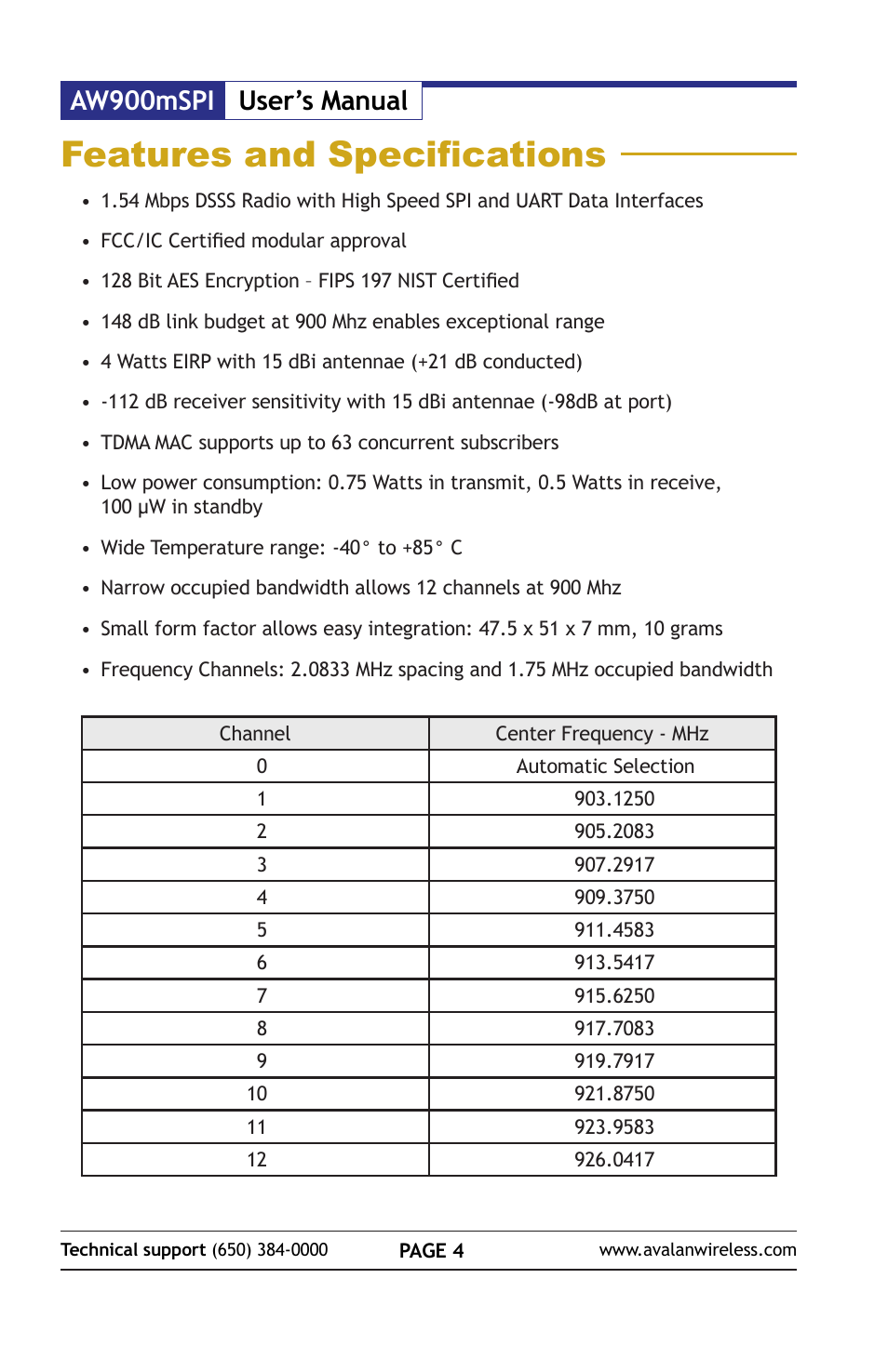 Features and specifications, Aw900mspi user’s manual | AvaLAN Wireless AW900mSPI-10 User Manual | Page 4 / 40