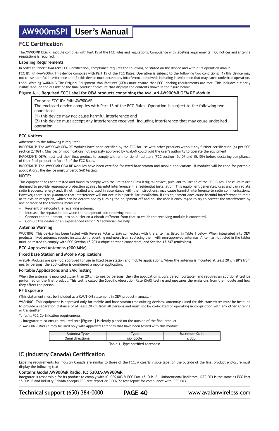 Aw900mspi user’s manual, Page 40, Ic (industry canada) certification | AvaLAN Wireless AW900mSPI-10 User Manual | Page 40 / 40