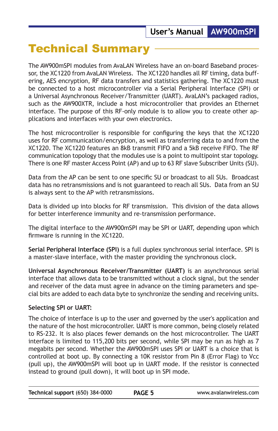 Technical summary, Aw900mspi user’s manual | AvaLAN Wireless AW900mSPI-10 User Manual | Page 5 / 40