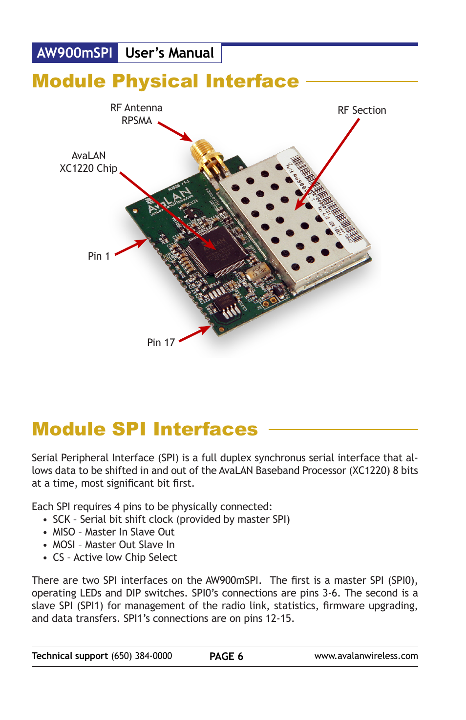 Module physical interface, Module spi interfaces, Aw900mspi user’s manual | AvaLAN Wireless AW900mSPI-10 User Manual | Page 6 / 40