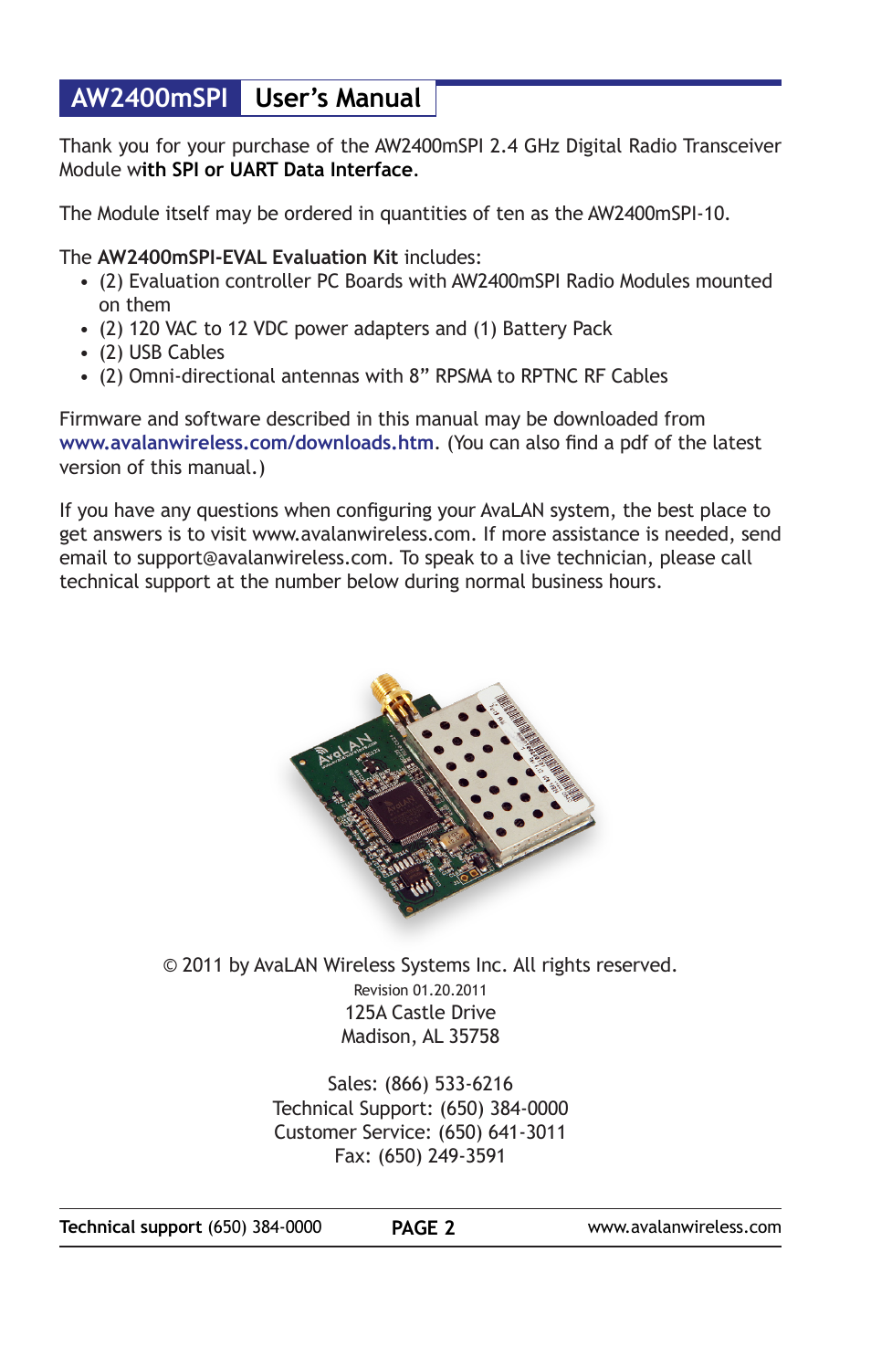 Aw2400mspi user’s manual | AvaLAN Wireless AW2400mSPI-10 User Manual | Page 2 / 40