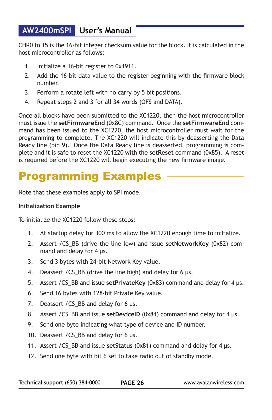 Programming examples, Aw2400mspi user’s manual | AvaLAN Wireless AW2400mSPI-10 User Manual | Page 26 / 40