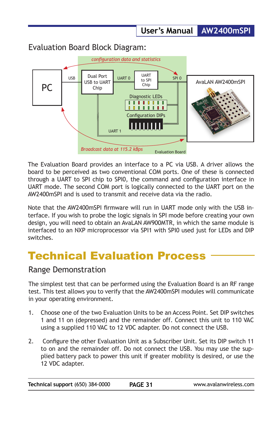 Technical evaluation process, Aw2400mspi user’s manual, Evaluation board block diagram | Range demonstration | AvaLAN Wireless AW2400mSPI-10 User Manual | Page 31 / 40