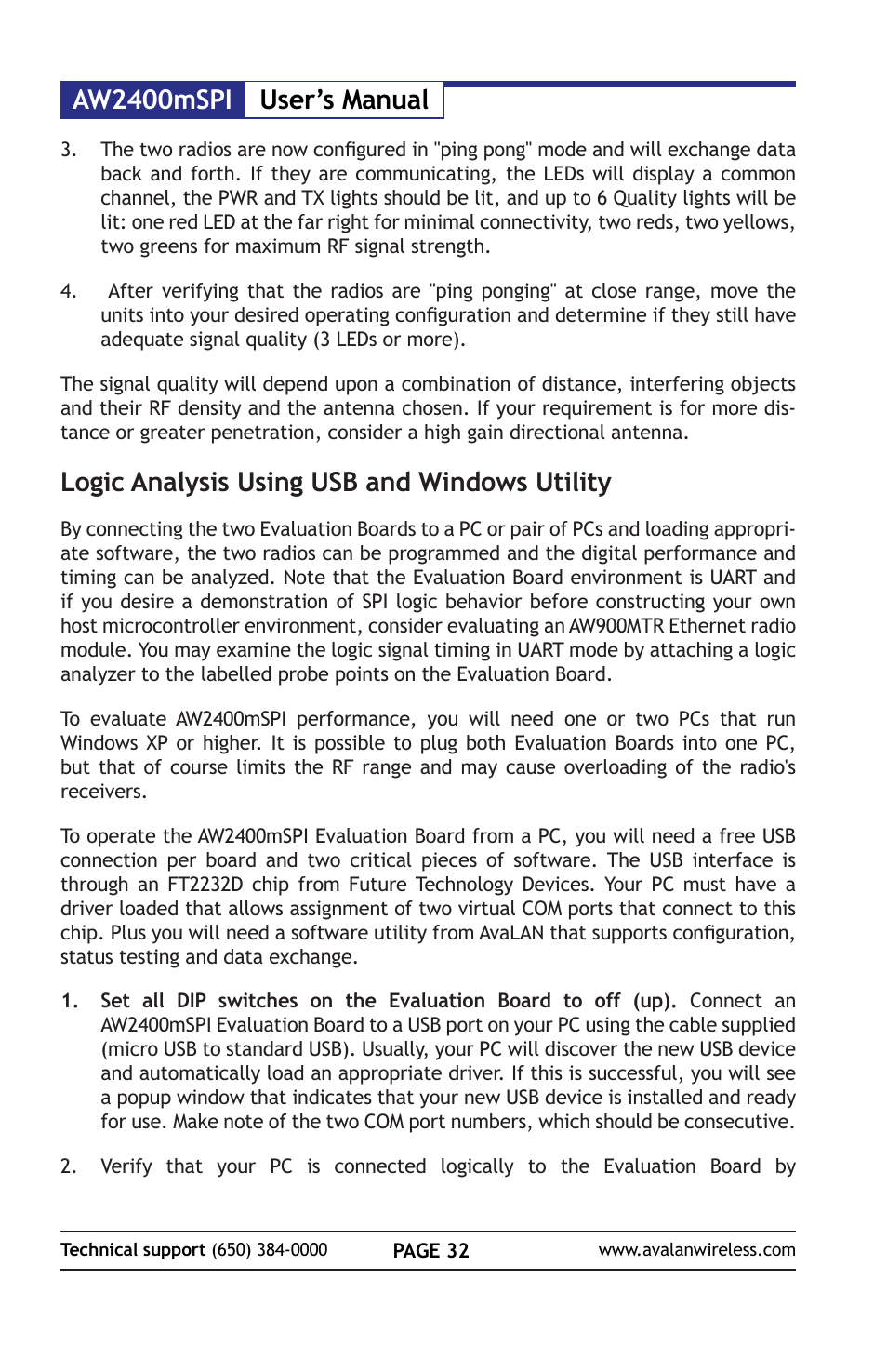 Aw2400mspi user’s manual, Logic analysis using usb and windows utility | AvaLAN Wireless AW2400mSPI-10 User Manual | Page 32 / 40
