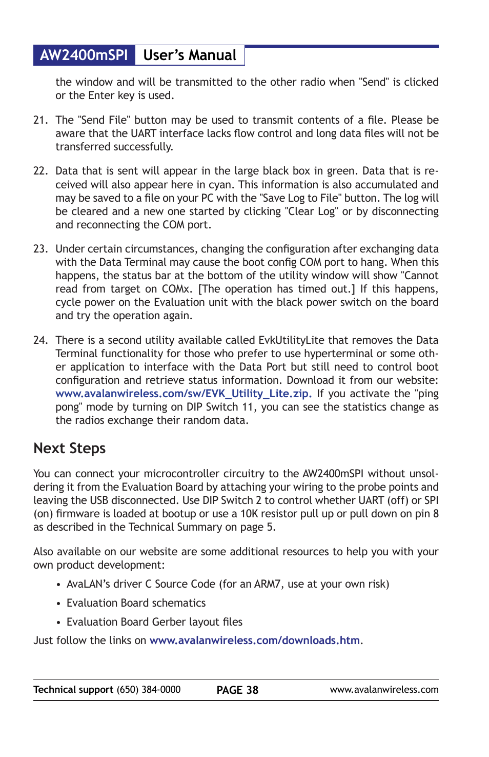 Aw2400mspi user’s manual, Next steps | AvaLAN Wireless AW2400mSPI-10 User Manual | Page 38 / 40